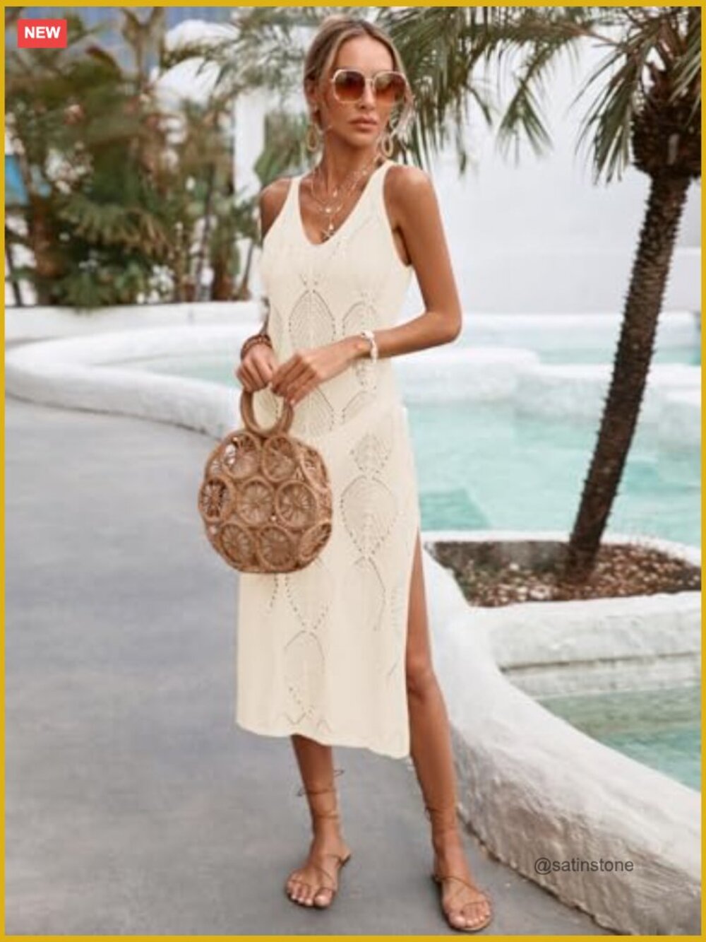 Crochet Knit Swimsuit Cover Up Midi Dress with Side Slit - Picture 2 of 7